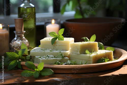 Spa setting with natural peppermint skincare products soaps.