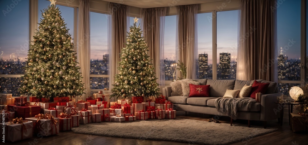 A cozy living room adorned with a majestic Christmas tree, surrounded by beautifully wrapped gifts, as the evening light streams in through the window, revealing a breathtaking cityscape A cozy living room adorned with a majestic Christmas tree, surrounded by beautifully wrapped gifts, as the evening light streams in through the window, revealing a breathtaking cityscape