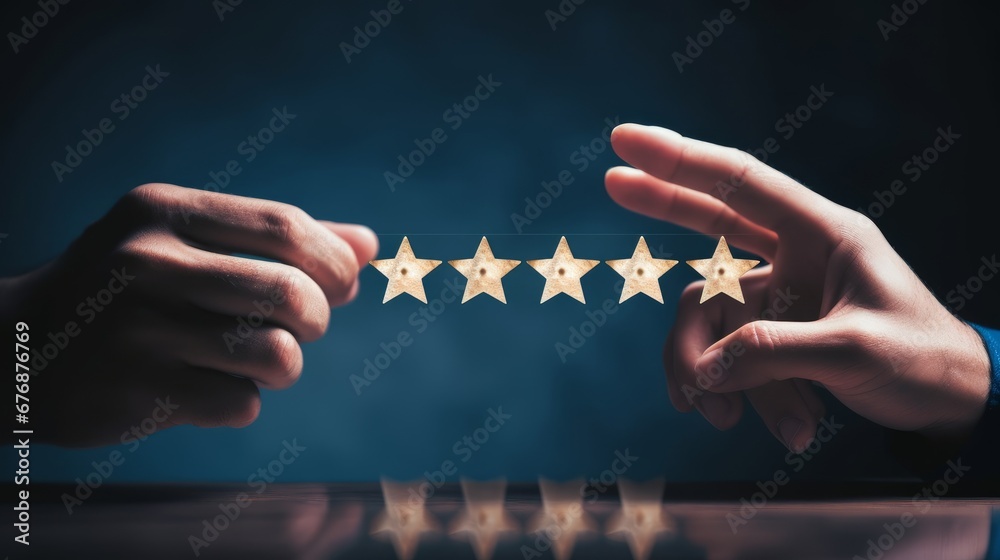 Hand choose five star symbol to increase rating of company. Concept of satisfaction, quality and performance of services. Copy space for web, Generative AI - obrazy, fototapety, plakaty 