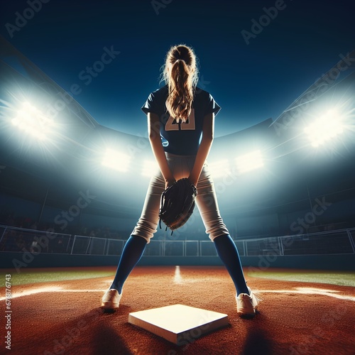 A wideangle shot of a softball player illuminated by the bright lights of the stadium