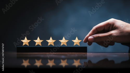 Hand choose five star symbol to increase rating of company. Concept of satisfaction, quality and performance of services. Copy space for web, Generative AI photo