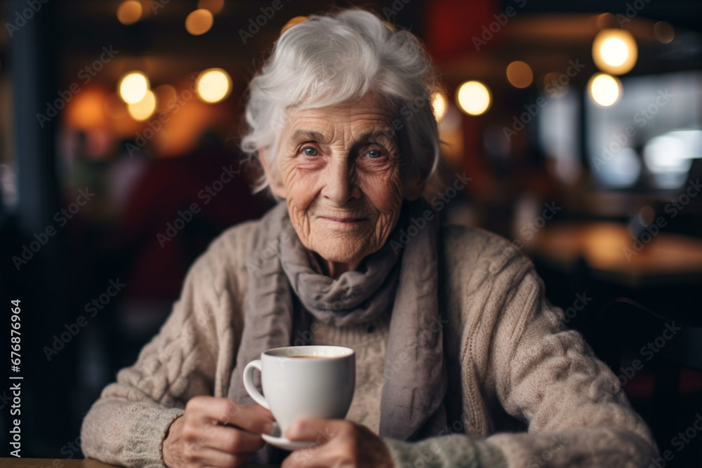 Timeless Tranquility: Elderly Woman Savoring Coffee in Charming Café Ambiance, AI generated Timeless Tranquility: Elderly Woman Savoring Coffee in Charming Café Ambiance, AI generated