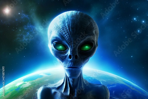 Alien on earth at dark blue background © Izhar