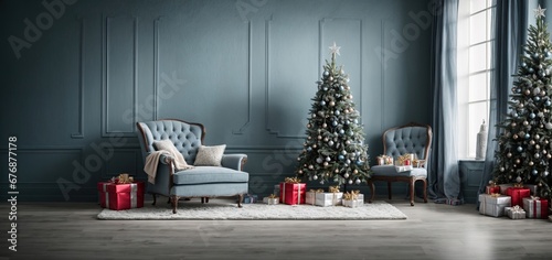 Near a chair and a dusty blue textured wall is a Christmas tree with gifts. living room is empty. a mock-up of a wall scene photo