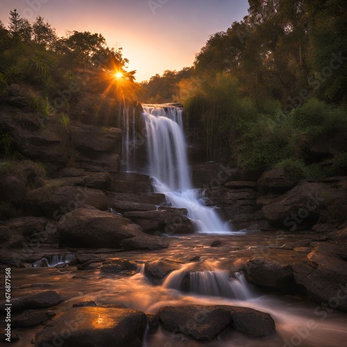 Sunrise Elegance Capture a waterfall bathed in the soft light of sunrise