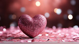 Valentine's Day Card. Glitter heart on a pink background with bokeh