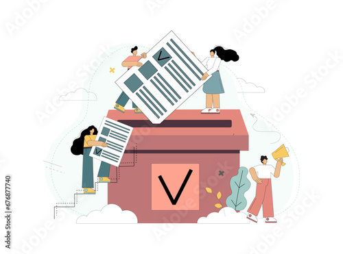 Elections concept. Vote. They choose to make a decision. Little people put ballots into the voting box.