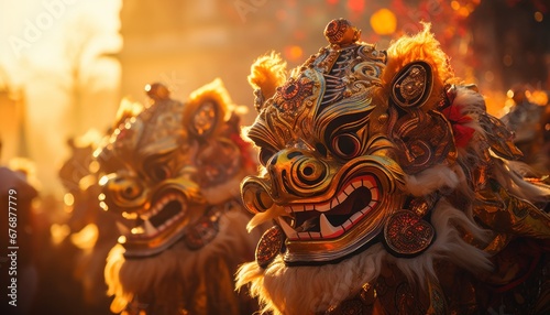 Lion dancer in mid leap, capturing the energy and grace of chinese new year celebration