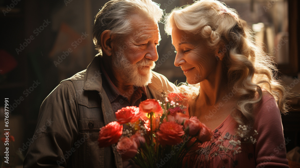 Senior man is giving his wife a bouquet of flowers on Valentine's Day