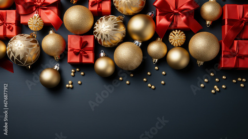 Banner with red and golden gift boxes tied with ribbons and Christmas decorations on a dark wooden background. Christmas and New Year background. Top view, flatlay