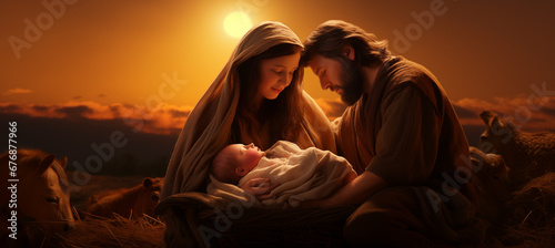 Holy family nativity Scene. Birth of Jesus Christ. Merry Christmas. Natal. Faith Growth 