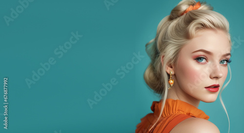 Studio portrait on a blue background. Fashion model girl, сoncept of retro fashion, beauty, attraction, 50s, 60s. Pin-up style, Vintage. Generative AI. photo