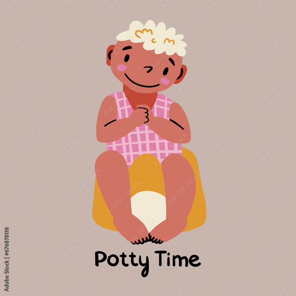 Cute boy sits on the pot. The child is accustomed to the potty. Toilet time, potty time. Lavatory room for girls and boys. Vector illustration.