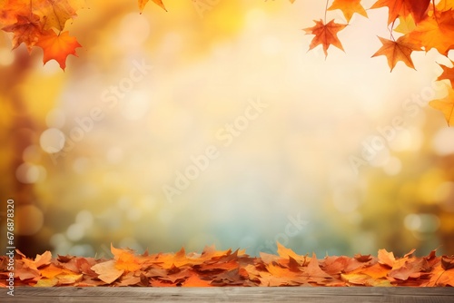 Wooden Table With Orange Leaves And Blurred Autumn Background.