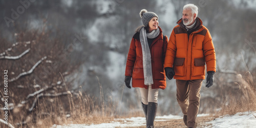 Snowy Stroll: Elderly Couple Embraces Winter's Beauty on a Frosty Walk, AI generated photo