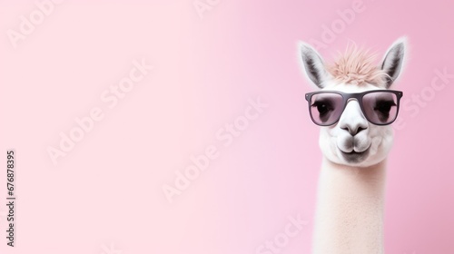 A llama sporting some cool shades and set against a solid pastel backdrop © yganko