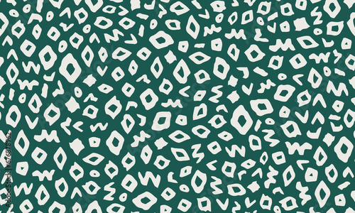 Ikat, ethno minimal all over surface print on green background. Random placed, vector heritage geometric shapes seamless repeat pattern.
