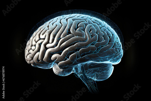 Digital illustration of a human brain with colorful bright colors. Symbolizing artificial intelligence, futuristic digital technology human and robot face close up, digital smart world. ai generated.