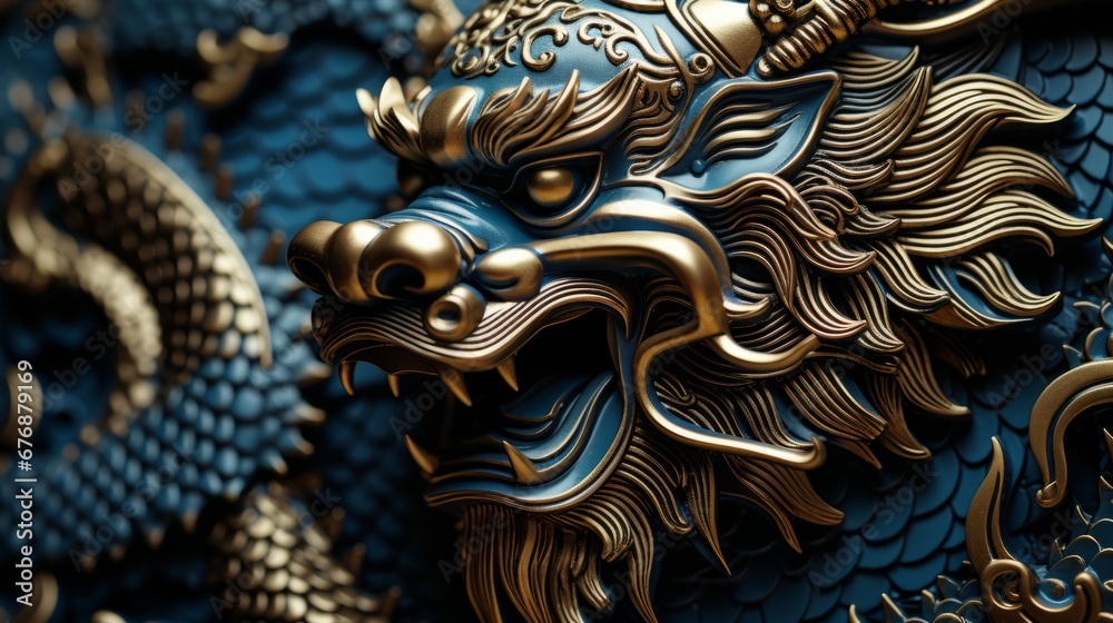 Close up of vibrant dragon scales and intricate details in chinese new year celebration