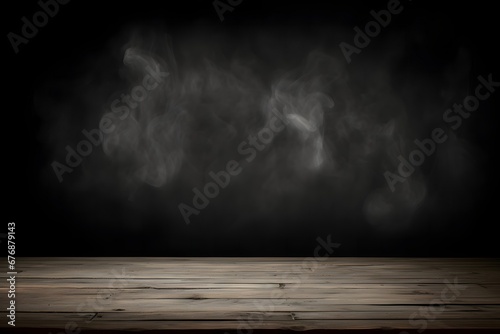  Old wood table top with smoke in the dark background.