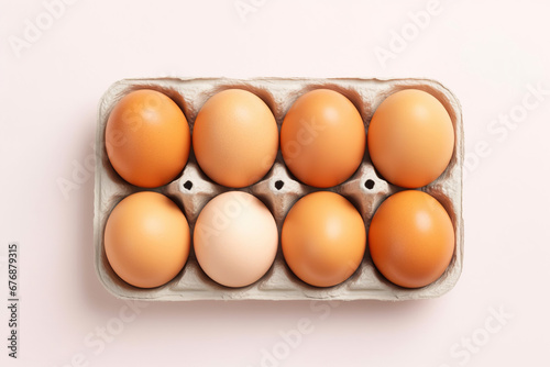 Packaging of eight fresh eggs in box over white background. Healthy organic breakfast suggestion. Top view