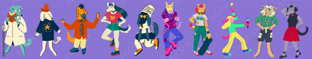 Obraz premium set of humans as dogs in vector.Template for postcard sticker logo poster for app website. A series of furry dogs in flat style
