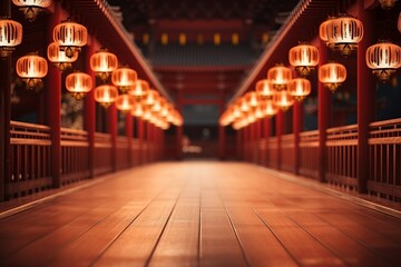 Beautifully decorated temple entrance for chinese new year celebrations with lanterns and banners