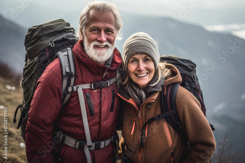 Adventurous Elderly Couple Embarks on a Joyful Trekking Expedition in the Majestic Mountains, AI generated