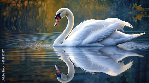 Swan and reflection forming intricate patterns on the water s canvas Ai Generative