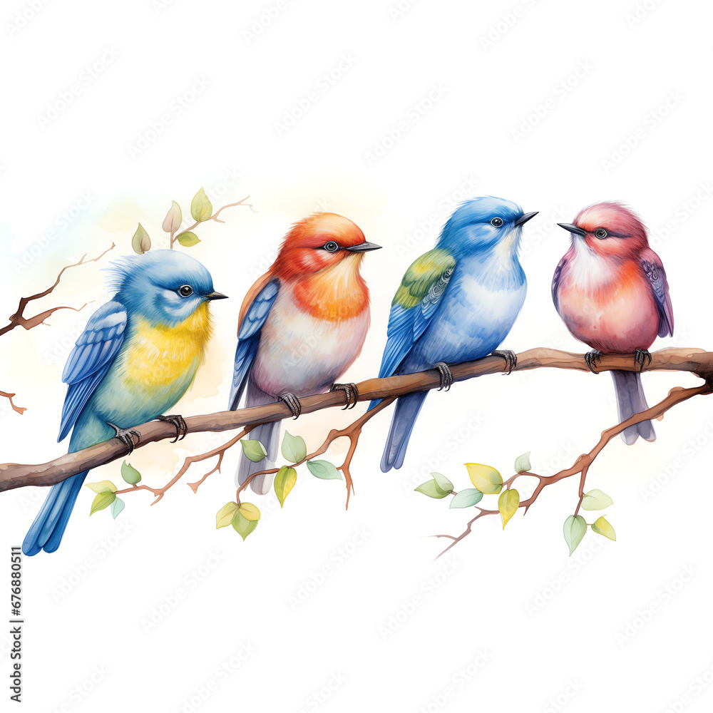 Obraz premium vibrant colorful birds lined up on a tree branch with budding leaves