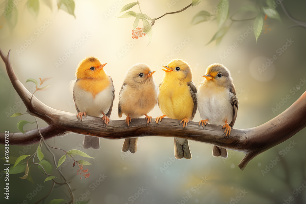 little birds perched closely on a tree branch against a clear sky little birds perched closely on a tree branch against a clear sky