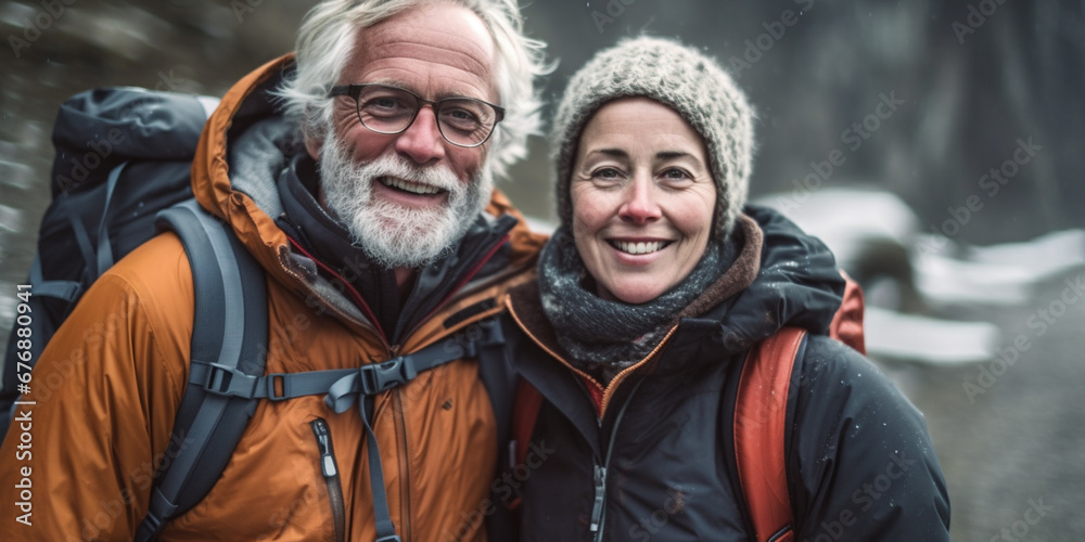 Adventurous Elderly Couple Embarks on a Joyful Trekking Expedition in the Majestic Mountains, AI generated