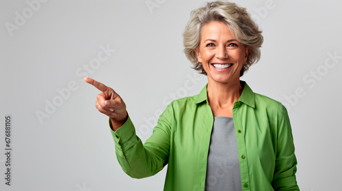 mujer anciana feliz apuntando con su dedo, cabello corto y blanco, vestida de verde, aislada en un fondo blanco  photo