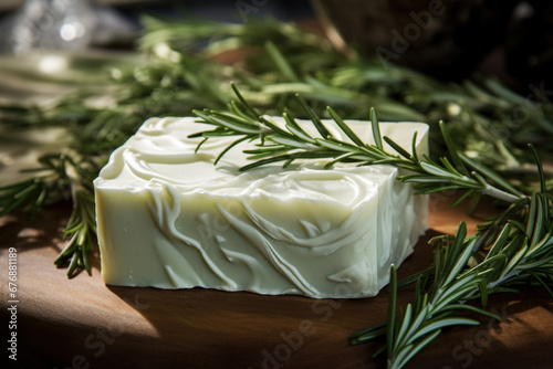 Beautiful natural rosemary soap bar on dark background. Handmade organic soap