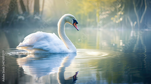 Swan and reflection forming intricate patterns on the water s canvas Ai Generative