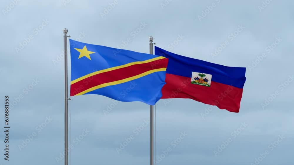 Haiti flag and Democratic Republic of the Congo flag waving together on cloudy sky, endless seamless loop, two country relations concept Haiti flag and Democratic Republic of the Congo flag waving together on cloudy sky, endless seamless loop, two country relations concept