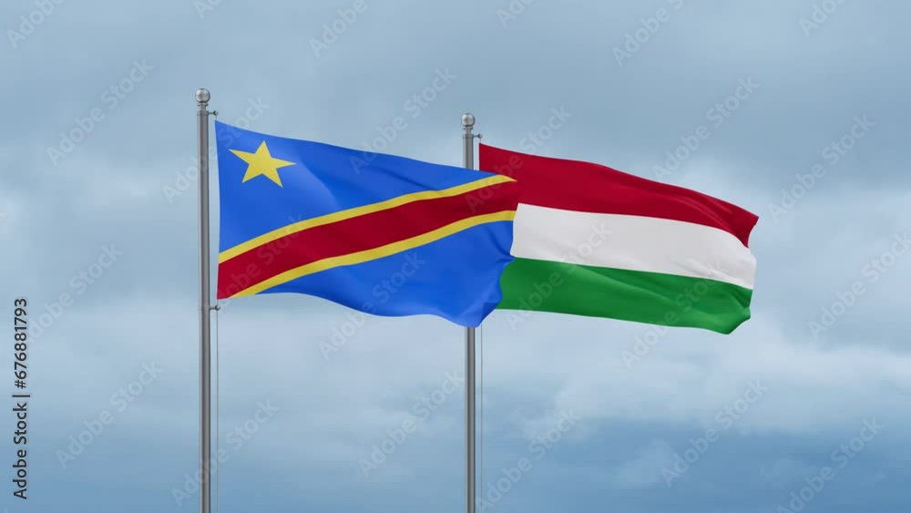 Hungary flag and Democratic Republic of the Congo flag waving together on cloudy sky, endless seamless loop, two country relations concept Hungary flag and Democratic Republic of the Congo flag waving together on cloudy sky, endless seamless loop, two country relations concept