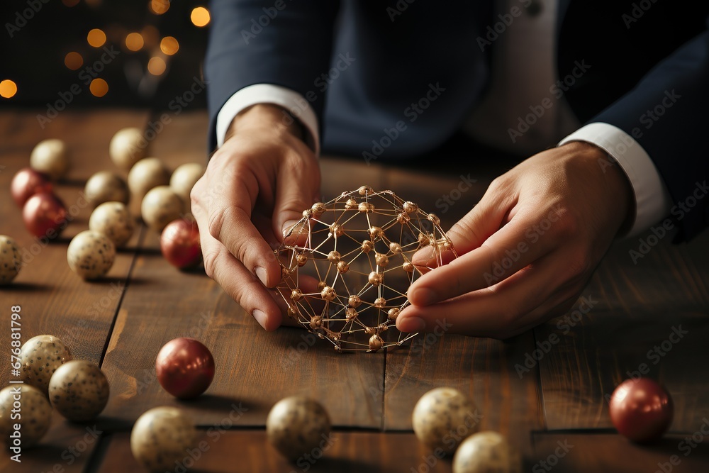 Decision making concept. Hands of a businessman building a puzzle of wires and balls on a wooden surface with scattered spotted balls - obrazy, fototapety, plakaty 