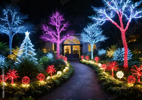Christmas Lights In A Botanical Garden, Illuminating Winter Plants And Trees.