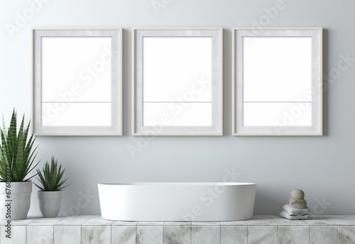 three square picture frame, white frame, above bathroom shelf. blank picture in the frame. mockup.