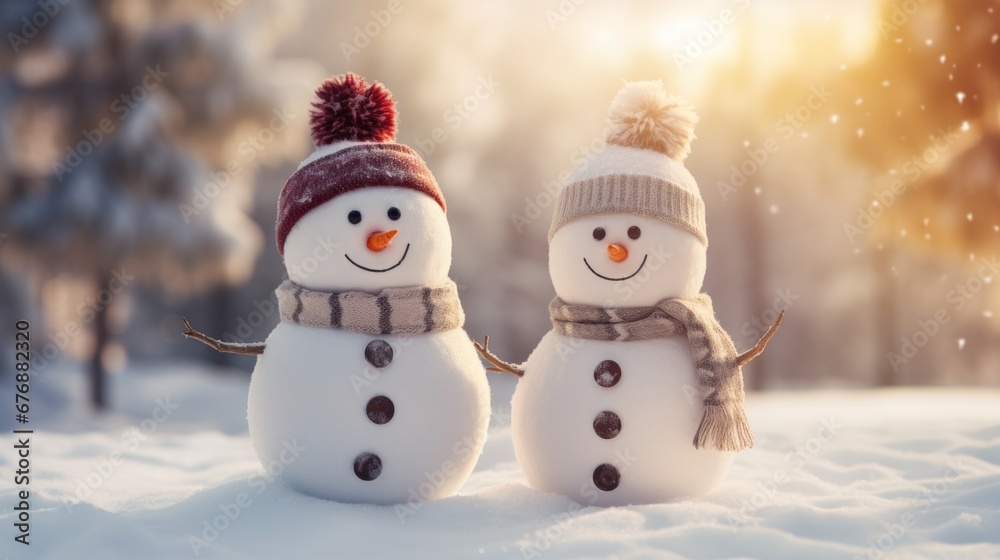 Two cheerful snowmen standing in winter christmas