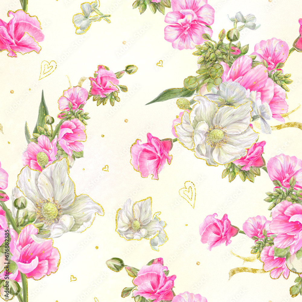 Vintage watercolor pattern with pink and white flowers. Retro, elegant.