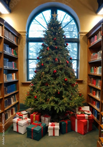A Christmas Tree In A Library  With Books As Gifts Underneath.