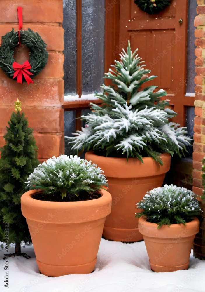Christmas-Themed Terracotta Planters In A Wintery Garden Setting.