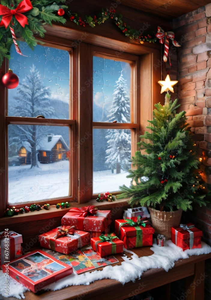 Christmas Puzzles Stacked In A Cozy Corner, With A Snowy Window View.