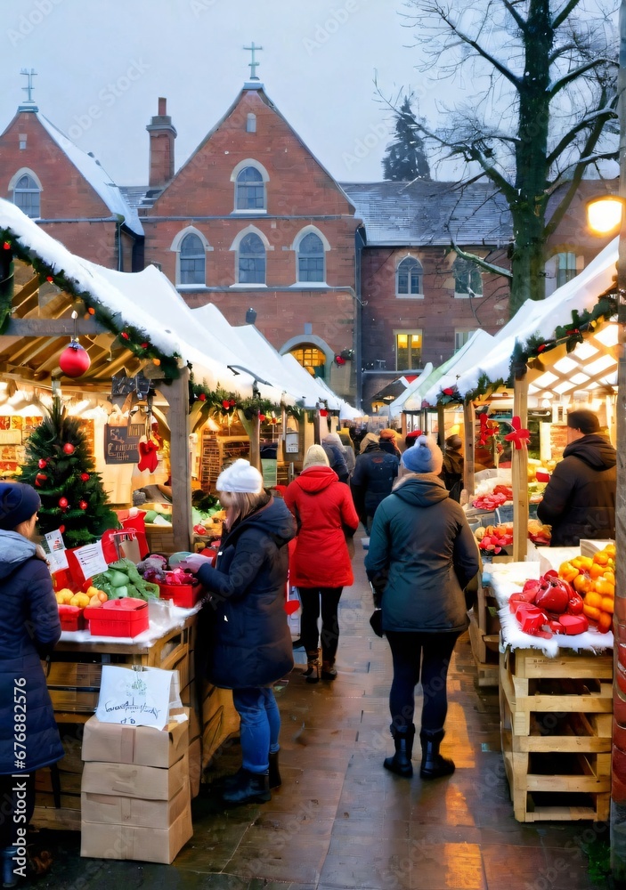 A Christmas-Themed Farmers' Market, With Stalls Selling Seasonal Goods.
