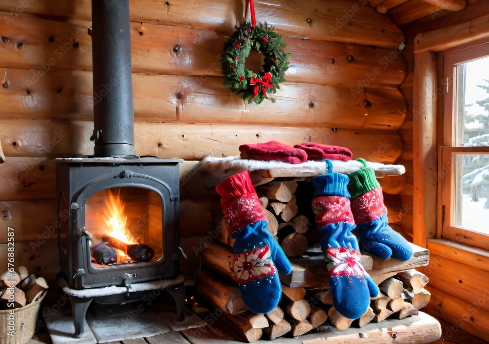 Christmas Mittens Drying By A Wood Stove, In A Log Cabin.