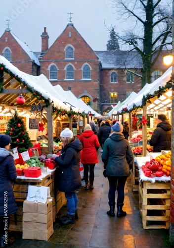 A Christmas-Themed Farmers' Market, With Stalls Selling Seasonal Goods.