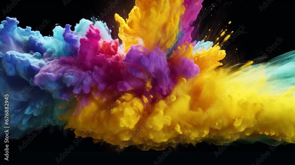 Multicolor powder explosion on black background.Generative AI