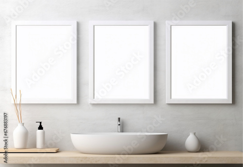 three square picture frame  white frame  above bathroom shelf. blank picture in the frame. mockup.